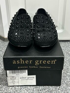 Asher Green Black Studded Loafers Men’s Size 8 Leather Slip On Dress Shoes